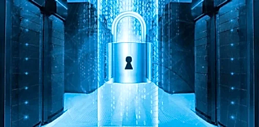 Server room with cybersecurity padlock