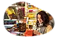 A shopper examines a colorful scarf in a mall kiosk.