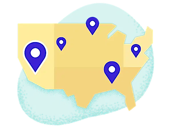 Map of United States with select cities pointed out