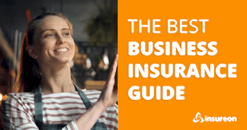Business owner standing next to the words "The best business insurance guide"