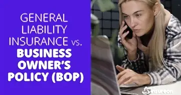 A small business owner talking on the phone while looking at their laptop next to the words "General liability insurance vs. Business owner's policy (BOP)"