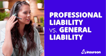Small business owner on a call next to the words "Professional liability vs. general liability"