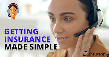 Insurance agent with headset talking with client next to the words "Getting insurance made simple"